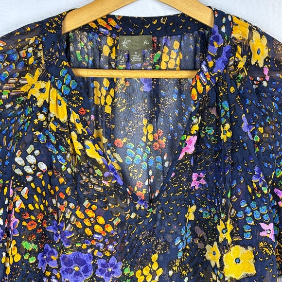 Anthropologie Fei Women Short Sleeve Sheer Silk Blouse Sz 4 Boho Floral Flutter - Picture 3 of 9